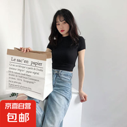 歐美風(fēng)辣妹時(shí)尚緊身高領(lǐng)短袖打底衫女內(nèi)搭修身高腰短款T恤上衣 黑色 L