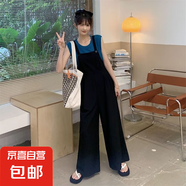 減齡氣質(zhì)設(shè)計(jì)感工裝背帶褲女2025夏季薄款大碼垂感寬松顯瘦連體褲 黑色設(shè)計(jì)感工裝背帶褲單件 S