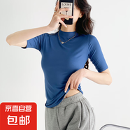 分袖小立領(lǐng)T恤女夏季薄款修身打底衫短袖內(nèi)搭顯瘦上衣中袖女 藍色 L 適合95-115斤