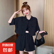 減齡氣質(zhì)設(shè)計感小個子工裝套裝女2025夏季新款洋氣上衣短褲兩件套 黑色休閑外套短褲兩件套 2XL