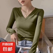 靜甜媛螺紋純色V領(lǐng)打底衫內搭秋冬季修身百搭長(cháng)袖t恤女上衣服 摩卡綠 2XL （001）
