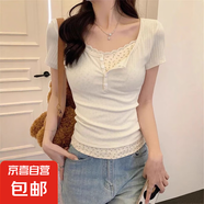 【美式純欲】新款碎花假兩件夏季辣妹風(fēng)顯瘦修身小眾短袖T恤 杏色 M 建議85-100斤