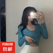 長袖T恤女秋冬新款修身短款露臍學(xué)生圓領(lǐng)上衣少女內(nèi)搭打底衫 湖藍(lán) L