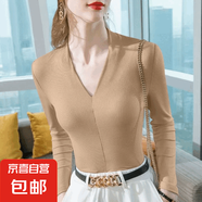 靜甜媛螺紋V領(lǐng)長袖t恤女秋冬季修身內(nèi)搭時尚氣質(zhì)打底衫上衣服 卡其色 M （039）