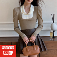 小香風拼接假兩件毛衣秋冬撞色娃娃領泡泡袖修身短款針織衫上衣女 深卡其布色 均碼 【80-120】