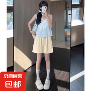 夏季超火新款山本冰絲純色短褲女高腰闊腿褲慵懶風時尚休閑五分褲 K01-杏色 L 建議105-120斤