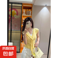 韓系溫柔風(fēng)V領(lǐng)披肩針織衫女夏季純欲修身顯瘦假兩件短袖上衣BYNT 黃色 均碼