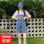五分牛仔短褲女夏季薄款寬松韓版高腰顯瘦中褲闊腿褲五分 壹站136復(fù)古藍(lán)色 L （100-110斤）