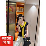 韓系溫柔風(fēng)V領(lǐng)披肩針織衫女夏季純欲修身顯瘦假兩件短袖上衣BYNT 藏青色 均碼