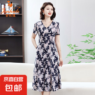 金狐貍中老年女夏季短袖彈力連衣裙時(shí)尚洋氣V領(lǐng)印花裙中長(zhǎng)款過膝 藏青色 BD1879/9119 XL 建議85-100斤