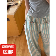 2025新款ins風(fēng)條紋女長褲夏天款松緊腰褲休閑褲子女 綠條【冰柔皺數(shù)碼】 S