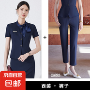 夏季短袖外套上衣女美容院珠寶店裝前臺接待客服售樓部工作服潮 深藍色 西裝+褲子（JY6526） 4XL