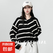 條紋半拉鏈高領毛衣女秋冬新款下擺抽繩翻領針織衫短款上衣潮ZT19 黑條紋 L
