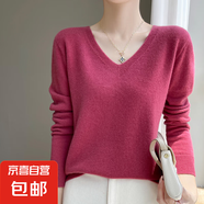 秋季套頭長(zhǎng)袖V領(lǐng)羊毛衫氣質(zhì)洋氣內(nèi)搭打底衫純色羊毛上衣 樹莓紅 XL