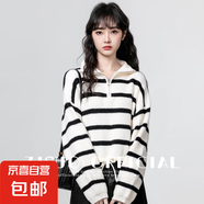 條紋半拉鏈高領毛衣女秋冬新款下擺抽繩翻領針織衫短款上衣潮ZT19 杏條紋 M