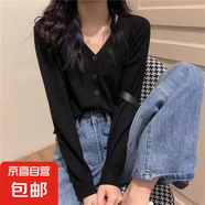 針織開衫外套女短款寬松毛衣外搭小衫長(zhǎng)袖V領(lǐng)打底衫春秋洋氣上衣 黑色 M 95-105斤