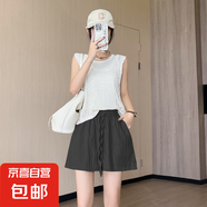 夏季純色山本短褲女2025新款冰絲高腰闊腿中褲休閑直筒五分褲ins K01-黑色 XL 建議120-135斤