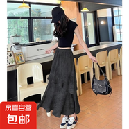 半身裙女夏季2025新款韓版A字開叉不規(guī)則長裙粉色荷葉邊蛋糕裙子 黑色 S