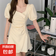 夏季新款氣質(zhì)不規則A字裙女韓版大碼收腰顯瘦赫本方領(lǐng)短袖連衣裙 杏色 S