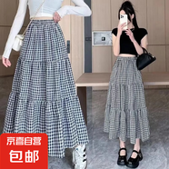 拼接蛋糕裙2025新款女裝夏季松緊顯瘦小眾寬松復古高腰半身格子裙 黑色(整件燙) M 【建議100-110斤】