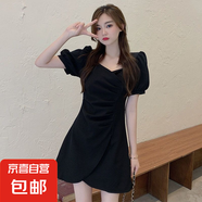 夏季新款氣質(zhì)不規則A字裙女韓版大碼收腰顯瘦赫本方領(lǐng)短袖連衣裙 黑色 L