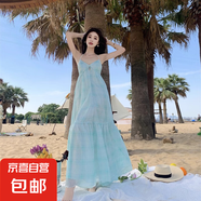 浪漫海濱風(fēng)吊帶沙灘長(zhǎng)裙清新格紋海邊度假 V領(lǐng)高腰大裙擺仙女裙 淺藍(lán)色 M