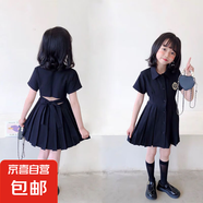女童POLO領(lǐng)連衣裙夏季2025中大童學(xué)院風(fēng)洋氣露背蝴蝶結(jié)百褶連衣裙 黑色 120