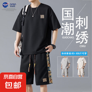 NASA【國潮套裝】男士夏薄款寬松短袖t恤運動短褲休閑大碼兩件套 黑色【兩件套】 花紋款 2XL （155-175斤）