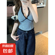 辣妹格子蕾絲顯大掛脖吊帶背心女夏季外穿內(nèi)搭打底遮副乳美背KXW 【顯瘦顯大辣妹】黑色  M 【90-105斤】