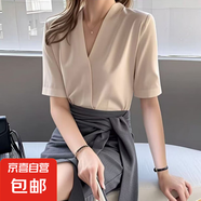 法式氣質(zhì)V領(lǐng)短袖白色襯衣女春夏2025新款設(shè)計(jì)感小眾通勤職業(yè)上衣 665氣質(zhì)杏【V領(lǐng)】 M 推薦【96-110斤】