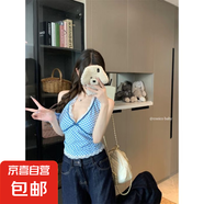 辣妹格子蕾絲顯大掛脖吊帶背心女夏季外穿內(nèi)搭打底遮副乳美背KXW 【顯瘦顯大辣妹】藍(lán)色  L 【105-115斤】