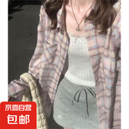 多巴胺粉色格紋襯衫女長(zhǎng)袖外套2025春季休閑慵懶風(fēng)遮肉襯衣潮 粉紅色 M