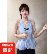 韓系純欲風(fēng)波點(diǎn)蝴蝶結掛脖背心女夏季獨特別致花苞下擺設計感上衣 藍色【黑色蝴蝶結】 M