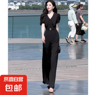 氣質(zhì)通勤高級(jí)感短袖連體褲女2025夏季收腰闊腿連衣褲女裝D1905 黑色 XL 【120-130斤】