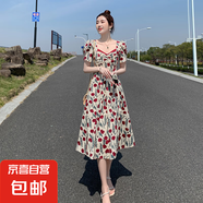 泡泡短袖高級感溫柔風(fēng)長裙子法式復(fù)古收腰碎花連衣裙9774 圖片色 L 【110-120斤】