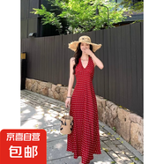 海邊度假風(fēng)紅色掛脖波點連衣裙2025夏季新款法式顯身材包臀長裙子 紅色 M