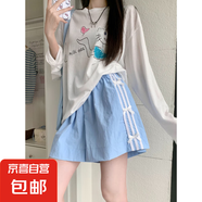 白色蝴蝶結(jié)冰絲短褲女童夏薄高腰a字顯瘦休閑闊腿速干運(yùn)動五分褲 韓依社-TK2089【藍(lán)色】 M
