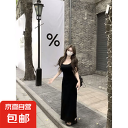 法式初戀桔梗連衣裙女夏季2025新款掐腰顯瘦設計感露背絕美包臀裙 黑色 L