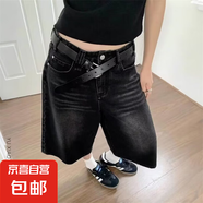 美式黑灰色牛仔七分褲女夏季復(fù)古中褲寬松顯瘦五分褲直筒褲子短褲 黑色 3XL