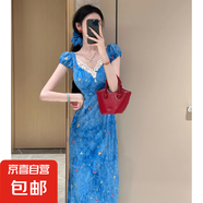 復古碎花法式連衣裙女2025夏季新款氣質(zhì)優(yōu)雅收腰顯瘦公主裙D1700 藍色 XL 【120-130斤】