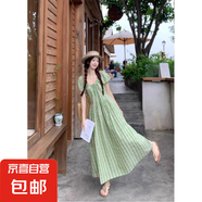 設計感格紋抽繩系帶短袖連衣裙女裝夏季別致減齡顯瘦長裙 圖片色 XL 【建議120-130斤】
