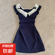 法式氣質(zhì)蕾絲小飛袖連衣裙子女裝夏季2025新款小個(gè)子收腰A字短裙 藏藍(lán)色 S /40/45kg