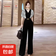 高級(jí)感連體褲女夏新款減齡顯瘦印花拼接連體衣闊腿褲D1194 黑色 常規(guī) 2XL 【130-145斤】