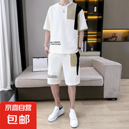 夏季韓版拼接圓領(lǐng)半袖時(shí)尚運(yùn)動(dòng)大碼男裝百搭短袖寬松潮流休閑套裝 杏色套裝 XL 體重120-135斤