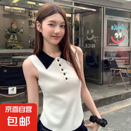 美式甜妹撞色翻領(lǐng)背心女設(shè)計(jì)感小眾無(wú)袖針織衫上衣 白色 均碼