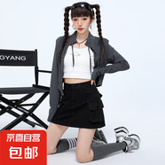延芮韓式復(fù)古工裝立體口袋牛仔半身裙女百搭高腰防走光A字包臀短 HS7203--黑色 S