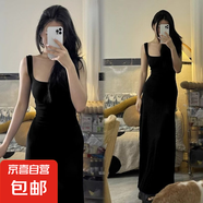 新款藏青色方領純欲辣妹吊帶顯白高個子長裙無袖背心連衣裙女 黑色 S