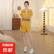 【送腰帶】高級感時尚工裝連體褲女2025年夏季新款顯瘦短褲D2410 黃色 XL 【120-130斤】