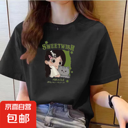 220克純棉短袖t恤女夏季新款韓版寬松圓領(lǐng)時尚上衣印花ins 1986黑色【女孩貓圖】 XL