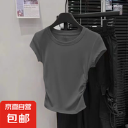 2025夏季新款設(shè)計(jì)感褶皺收腰小飛袖上衣圓領(lǐng)弧形下擺短袖t恤女ins K5-深灰色 2XL 145-175斤